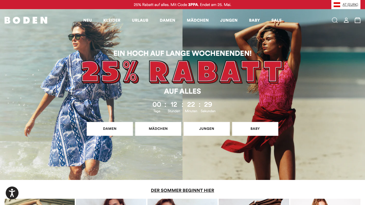 Boden Germany homepage hero with 25% Rabatt banner