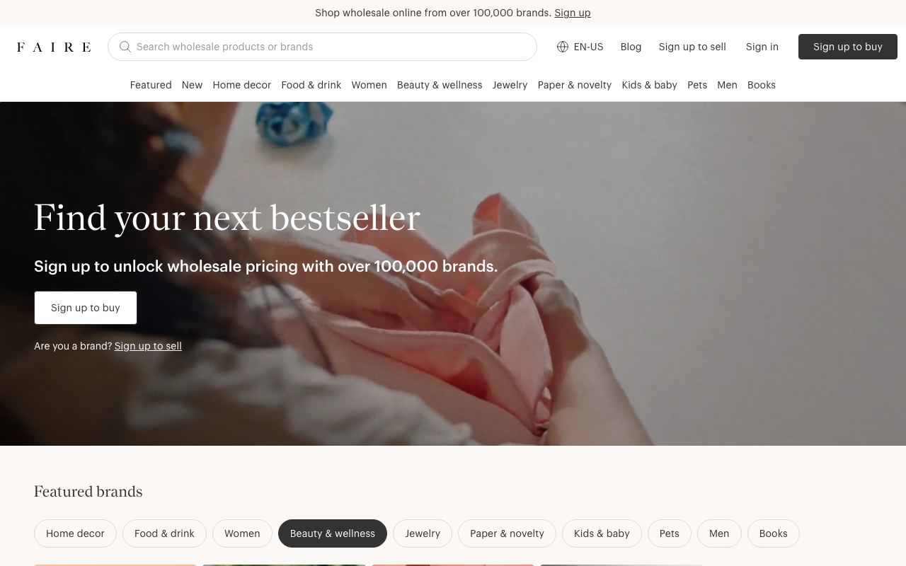 Faire homepage on faire.com, a wholesale marketplace with over 100,000 brands
