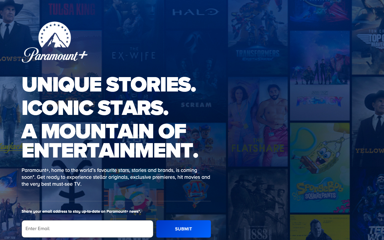 Paramount+ official homepage on paramountplus.com showing originals, movies and live TV