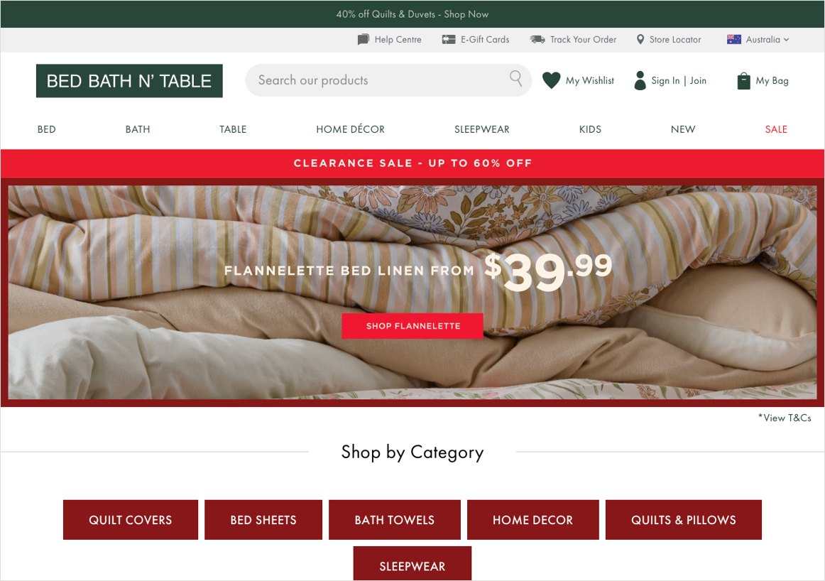 Bed Bath N' Table homepage showing clearance sale up to 60% off and flannelette bed linen from $39.99