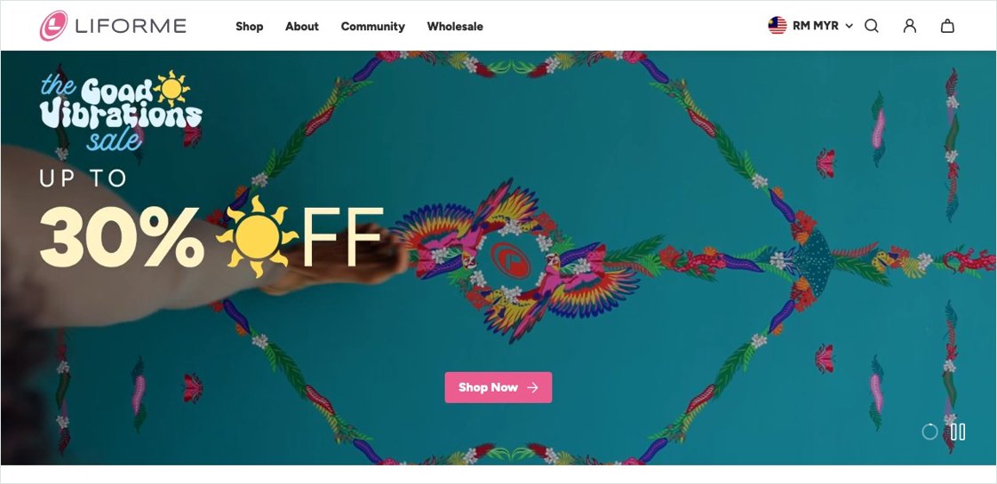 Liforme official homepage on liforme.com showing the eco yoga mat range and current sale