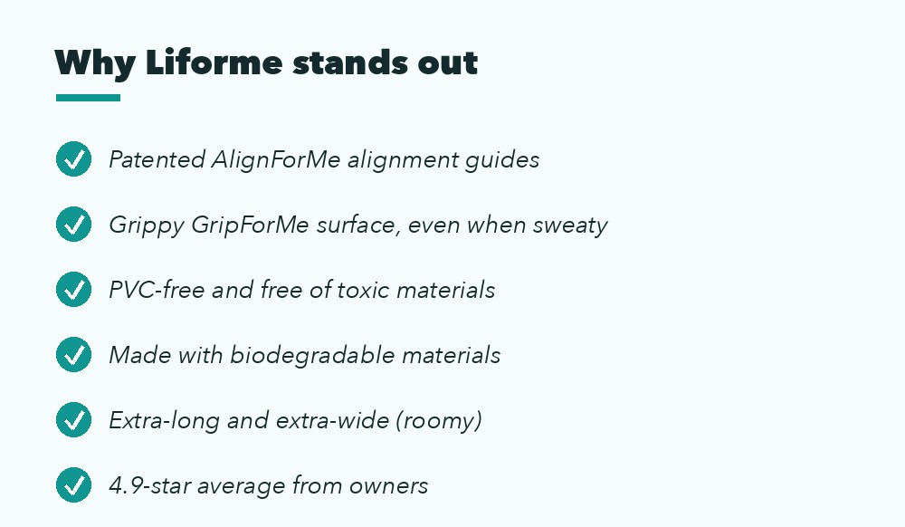 Why Liforme stands out: AlignForMe guides, GripForMe surface, PVC-free, biodegradable, extra-large, 4.9 stars