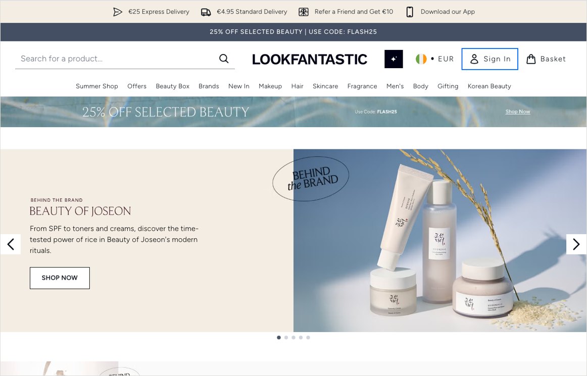 LOOKFANTASTIC Ireland homepage in euros with express delivery and beauty offers