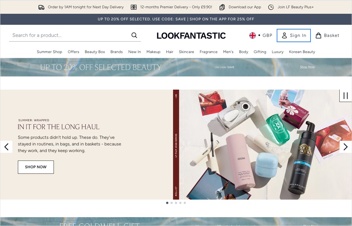 LOOKFANTASTIC UK homepage with a 20% off SAVE code and the Beauty Box in the menu