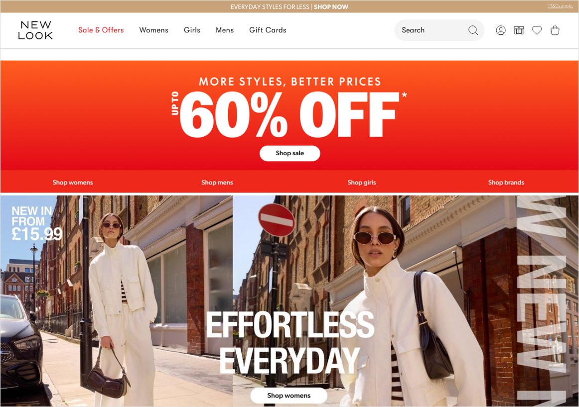 New Look UK homepage showing up to 60% off and new in from £15.99