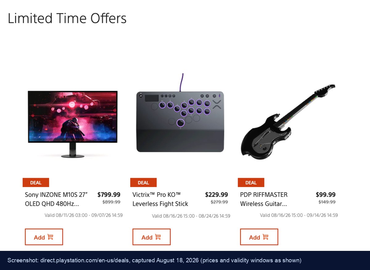 PlayStation Direct Limited Time Offers page showing Sony INZONE M10S at $799.99, Victrix Pro KO at $229.99 and PDP RIFFMASTER at $99.99 with validity dates
