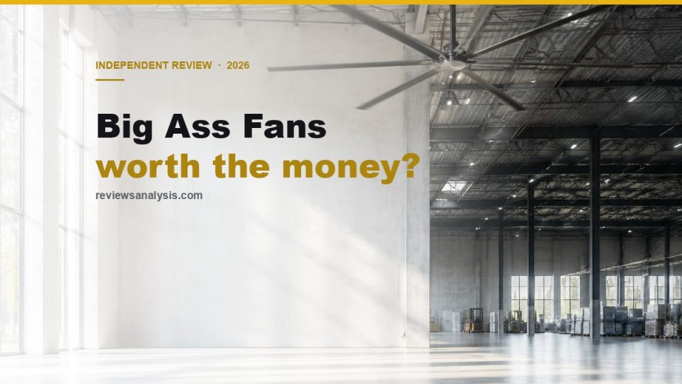 Big Ass Fans review cover: large HVLS ceiling fan in a daylit warehouse