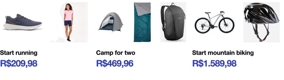 Three Decathlon Brazil starter kits: running R$209,98, camping for two R$469,96, mountain biking R$1.589,98