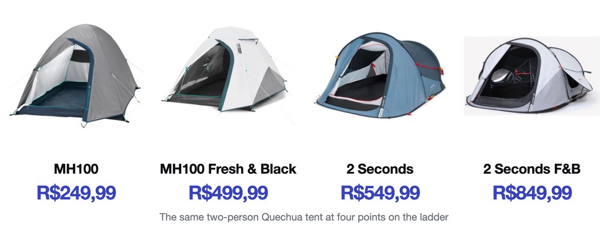 Quechua two-person tents at four prices: MH100 R$249,99, MH100 Fresh & Black R$499,99, 2 Seconds R$549,99, 2 Seconds Fresh & Black R$849,99