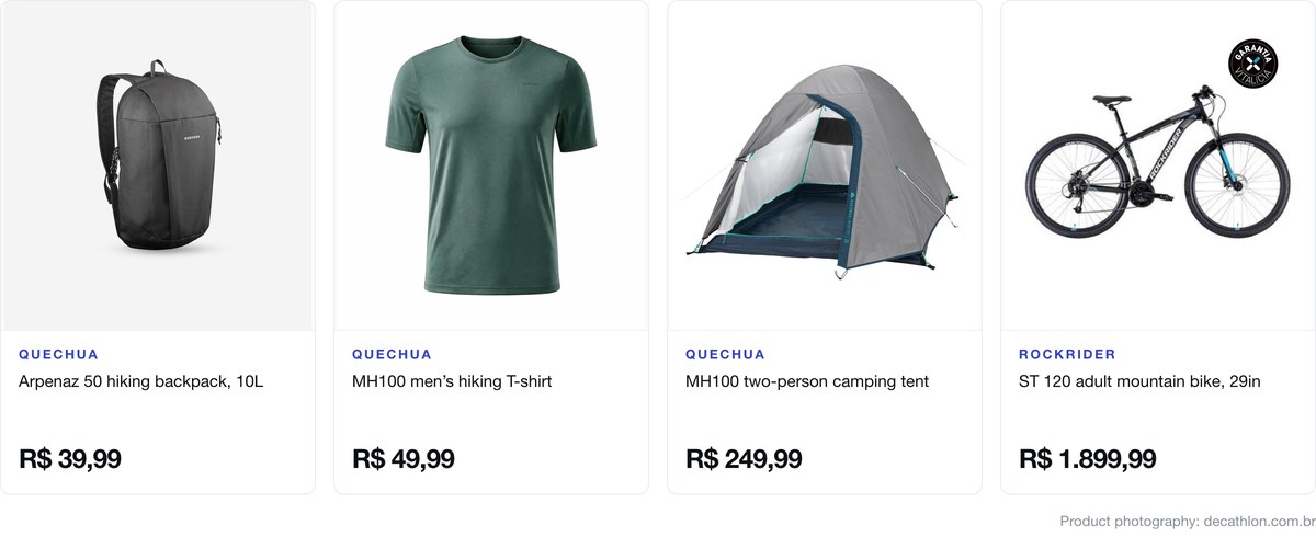 Decathlon Brazil prices: Quechua backpack R$39,99 to Rockrider mountain bike R$1.899,99
