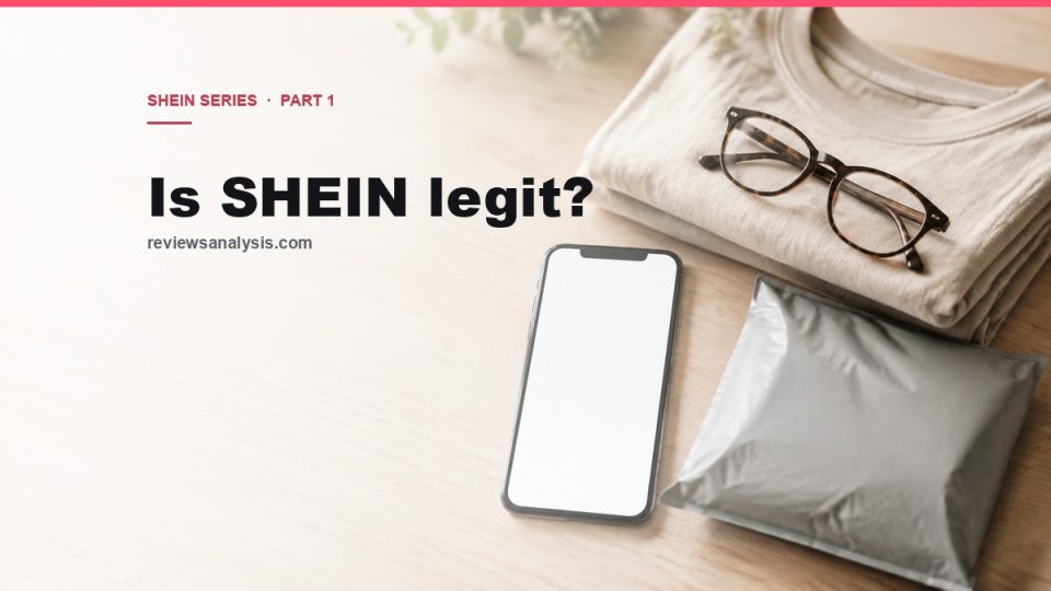 Is SHEIN legit cover: phone, grey mailer parcel and folded clothes on a desk