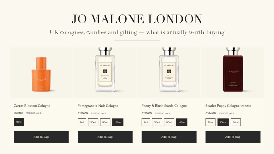 Jo Malone London UK colognes with prices: Carrot Blossom, Pomegranate Noir, Peony and Blush Suede, Scarlet Poppy