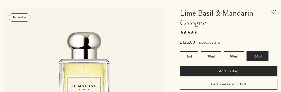 Jo Malone London Lime Basil and Mandarin Cologne product page showing £125 price and 9ml, 30ml, 50ml and 100ml sizes