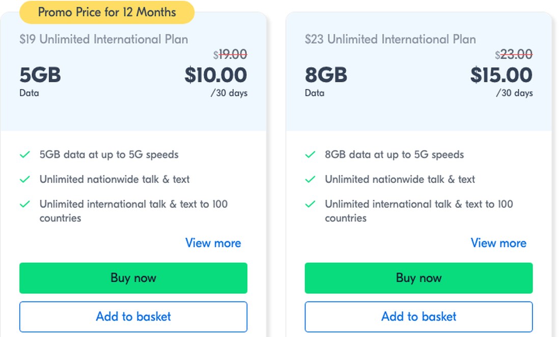 Lycamobile cheap prepaid plans: $19 plan with 5GB at $10 and $23 plan with 8GB at $15 per 30 days, both with unlimited international calling to 100 countries