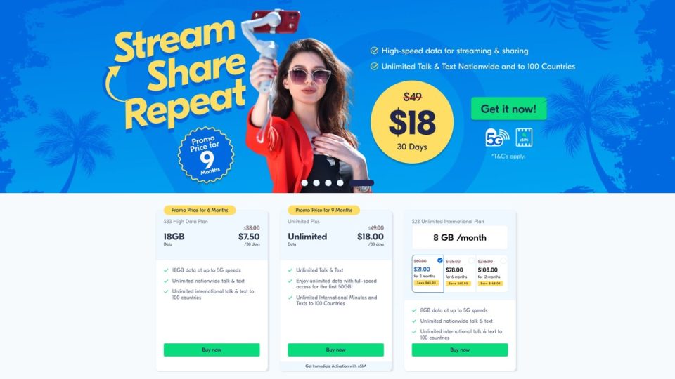 Lycamobile US prepaid plans: homepage promo showing Unlimited Plus at $18 for 30 days and best-selling plan cards