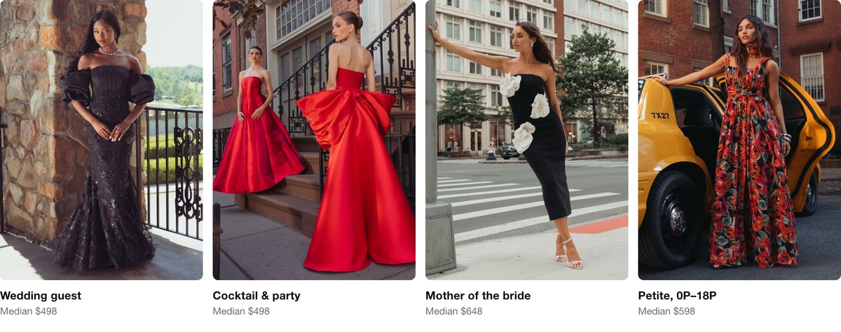 Mac Duggal occasion categories and median prices: wedding guest, cocktail, mother of the bride and petite