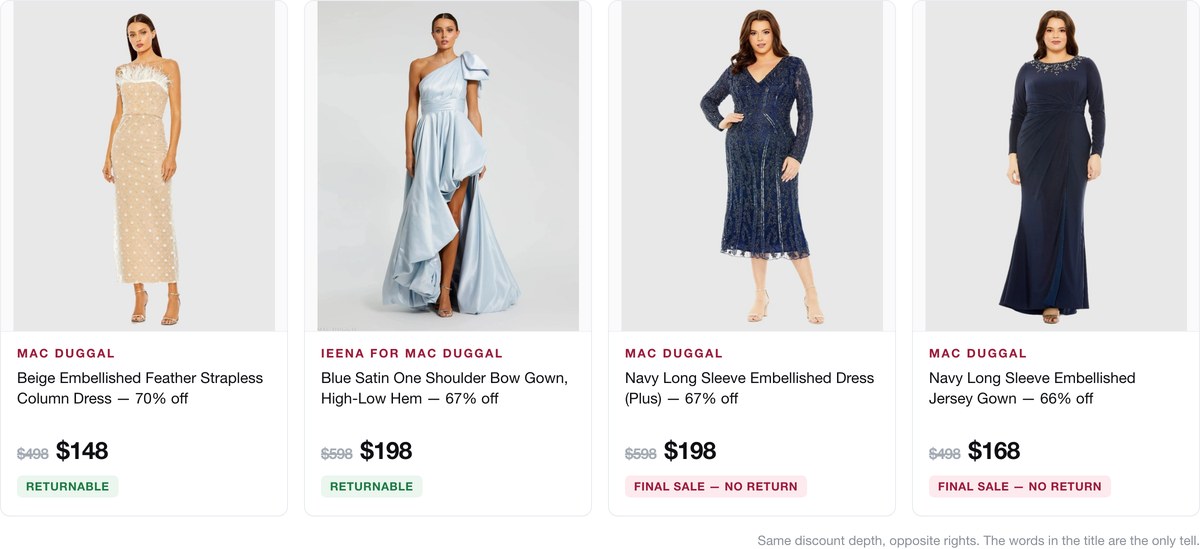 Mac Duggal sale dresses: returnable markdowns next to non-returnable Final Sale styles