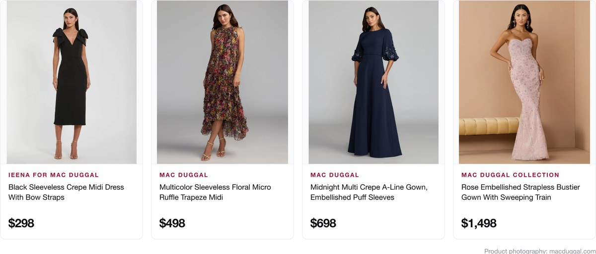 Mac Duggal price ladder: dresses from $298 to $1,498 across the three labels