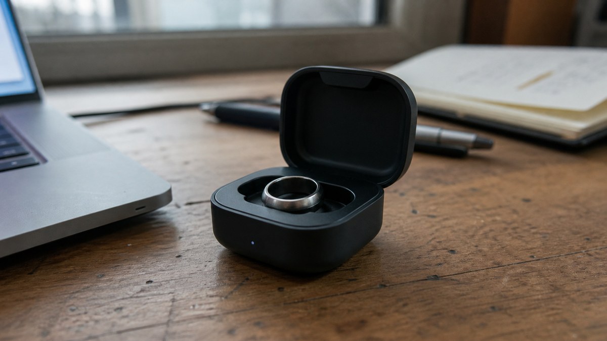 Smart ring seated in an open charging case on a wooden desk