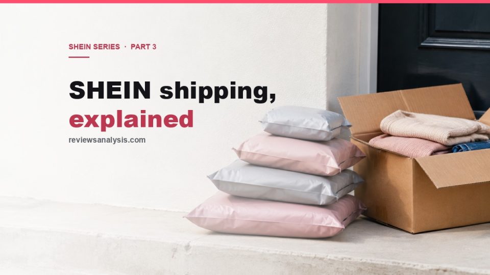 SHEIN shipping guide cover: stacked mailer parcels and a box on a doorstep