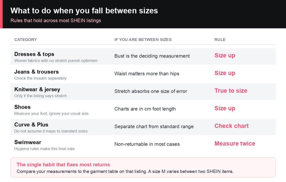 SHEIN size decision table for dresses, jeans, knitwear, shoes, curve and swimwear