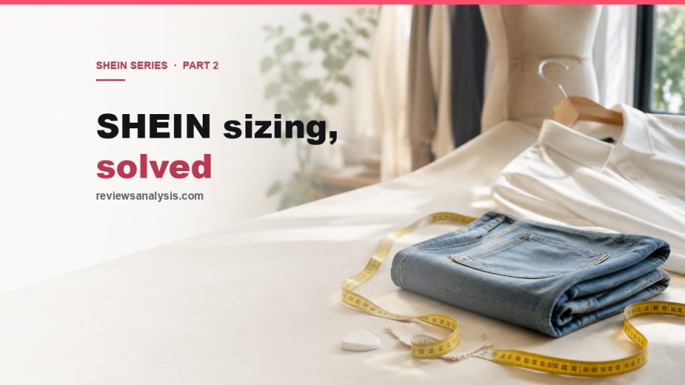 SHEIN sizing guide cover: measuring tape beside folded jeans and a shirt
