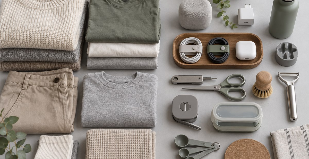 Household gadgets and folded clothing laid out to compare Temu and SHEIN categories
