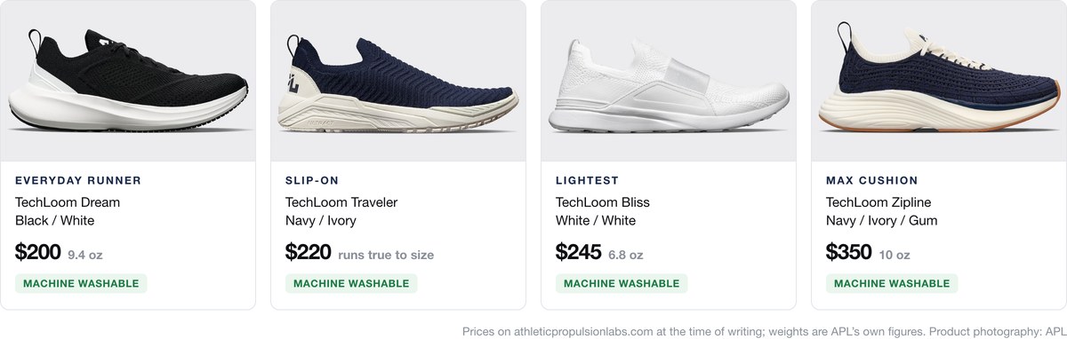 APL TechLoom Dream, Traveler, Bliss and Zipline running shoes with prices and weights