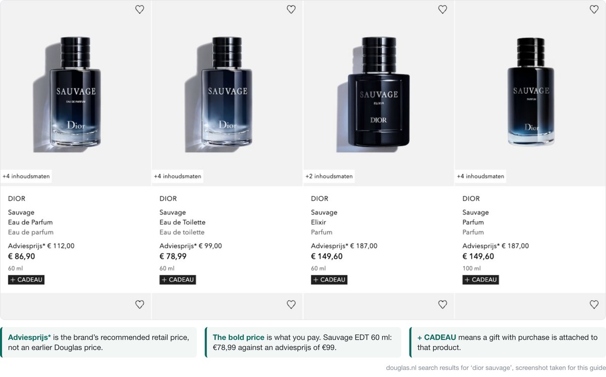 douglas.nl search results showing the adviesprijs and selling price for Dior Sauvage