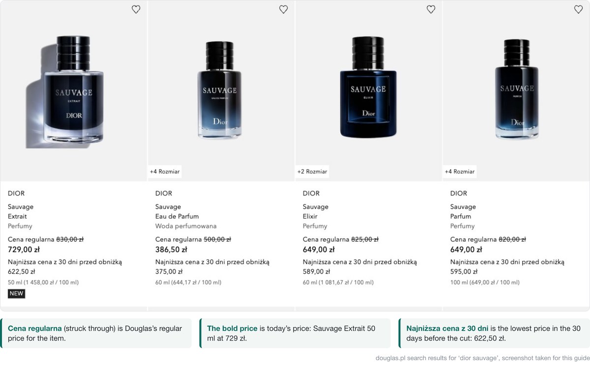 douglas.pl search results for Dior Sauvage with regular price, sale price and 30-day lowest price